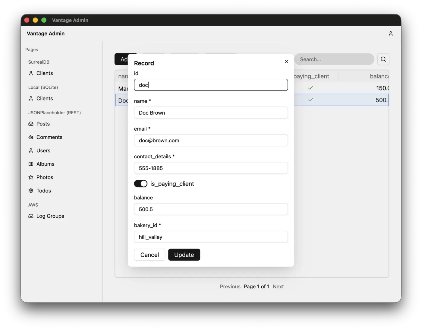 Vantage Admin, 28 April 2026: a light-themed window with Clients pages for SurrealDB and SQLite, JSONPlaceholder REST pages and AWS Log Groups in the sidebar. A Record form edits Doc Brown, with a flip switch for is_paying_client and an Update button.