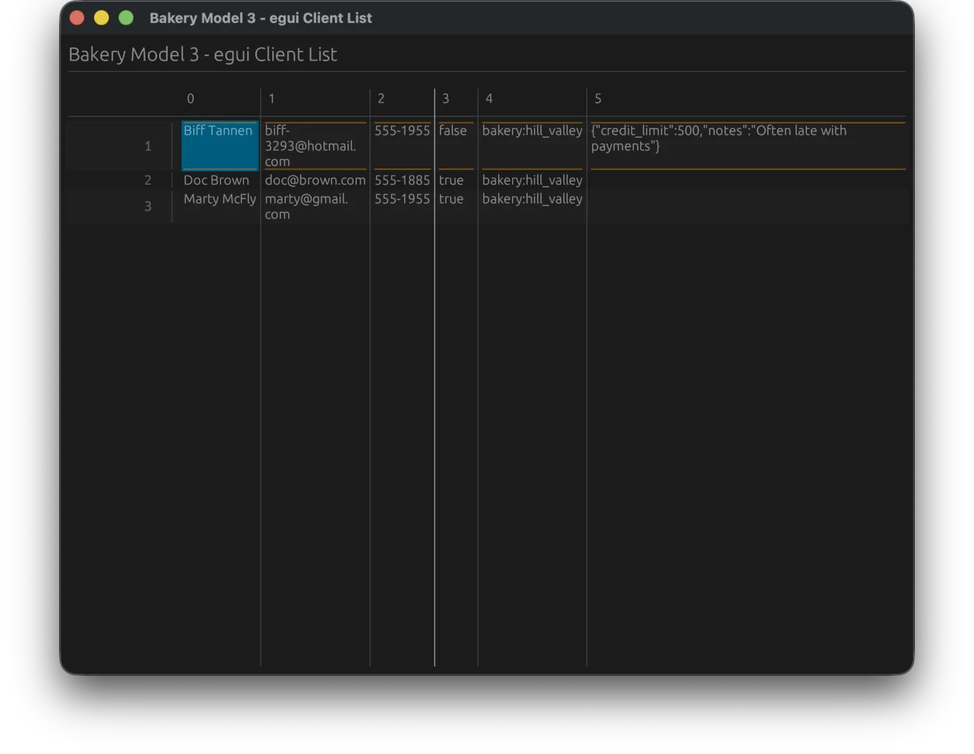 The client table in egui.