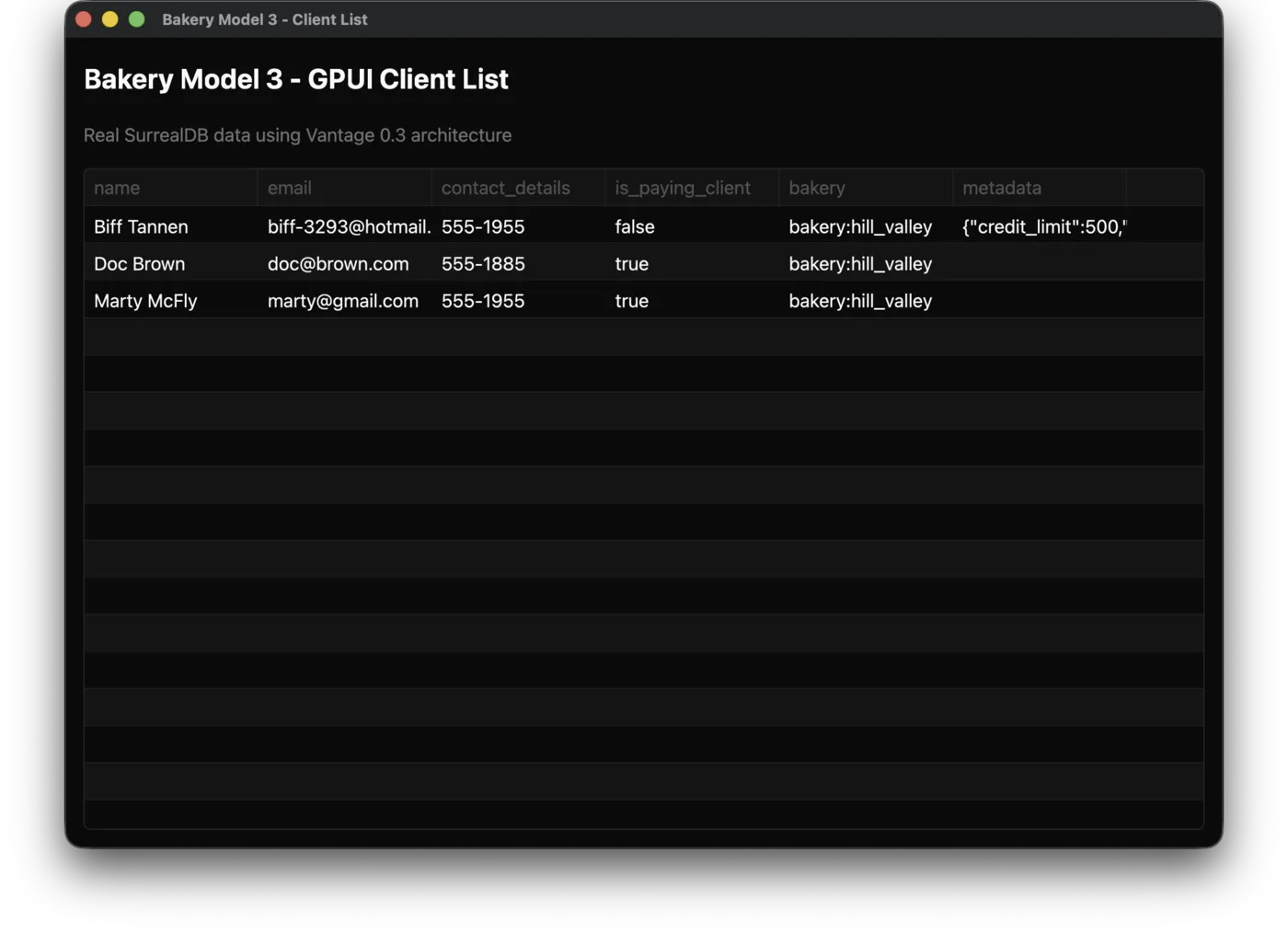 The client table in GPUI: a dark native window.