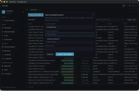 Scripted dropdowns: picking a launch provider narrows the Rocket configuration list to that provider's rockets