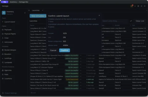 Action dialogs spell out what they'll do — confirming a simulated launch against the live server