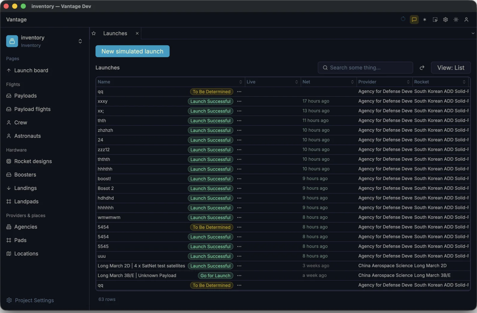 A birds-eye view of Launch Control in Vantage — the sidebar of entities and the live launch board