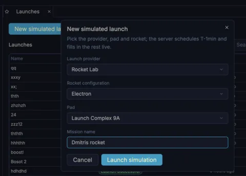 Start a simulated launch — pick the provider, rocket and pad