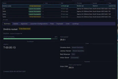 Crew and payload manifest fill in as the mission comes together — masses in friendly units