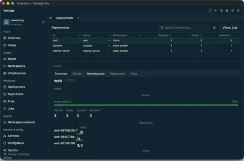 A deployment's rollout health at a glance — ready replicas, and the ReplicaSets and pods it owns filling in live