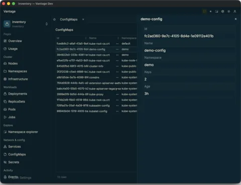 Every Kubernetes resource is a browsable table — ConfigMaps across all namespaces, with a detail panel