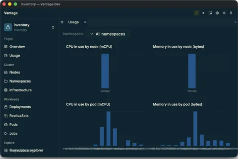 Live CPU and memory usage per node and per pod, charted straight from the metrics API