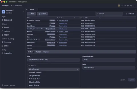 Edit records in place — the Books grid with Add and Delete, and a Details form whose author field is a searchable dropdown
