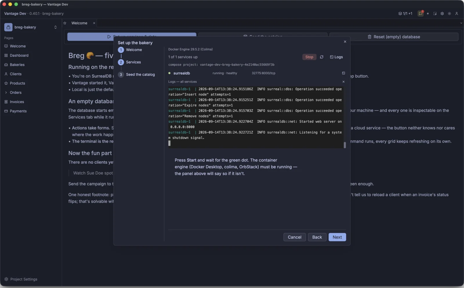 The setup wizard runs the bakery's own database in a container: start it, watch it turn green, seed it.