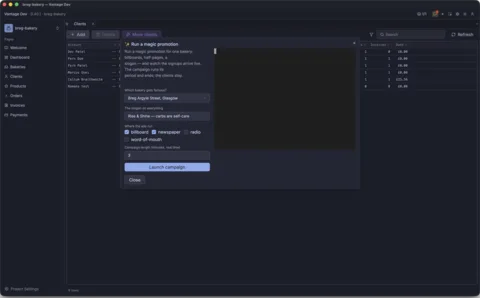 Clients build up orders, invoices and balances live, while background jobs report on the Services sheet
