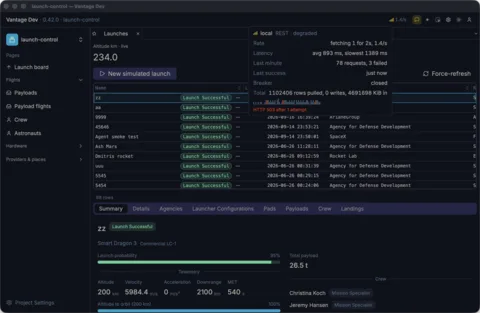 Signal bars for each API in the title bar — hover for the rate, requests in flight, latency, failures in the last minute and the last error, while a flaky server keeps the grid filled