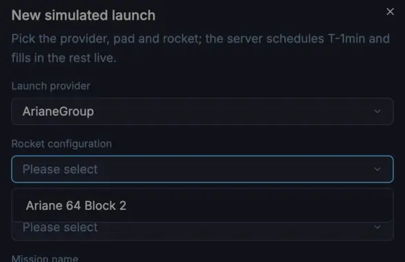 Picking a launch provider narrows the rocket configuration list to that provider's rockets