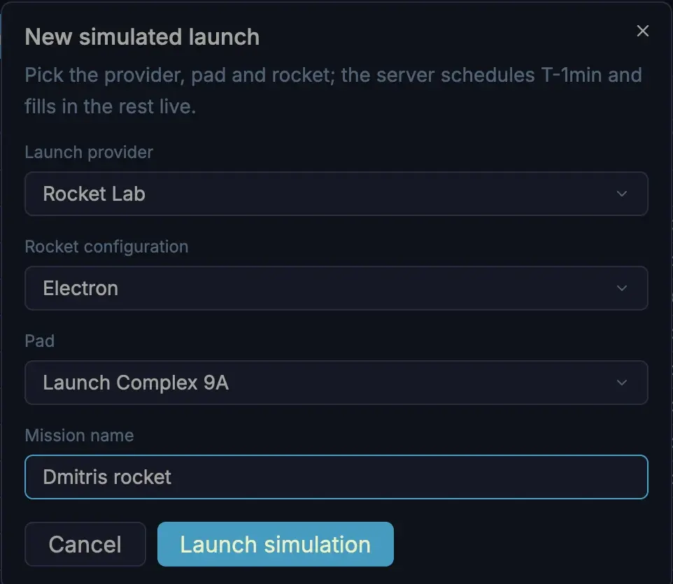 Start a simulated launch — pick the provider, rocket and pad