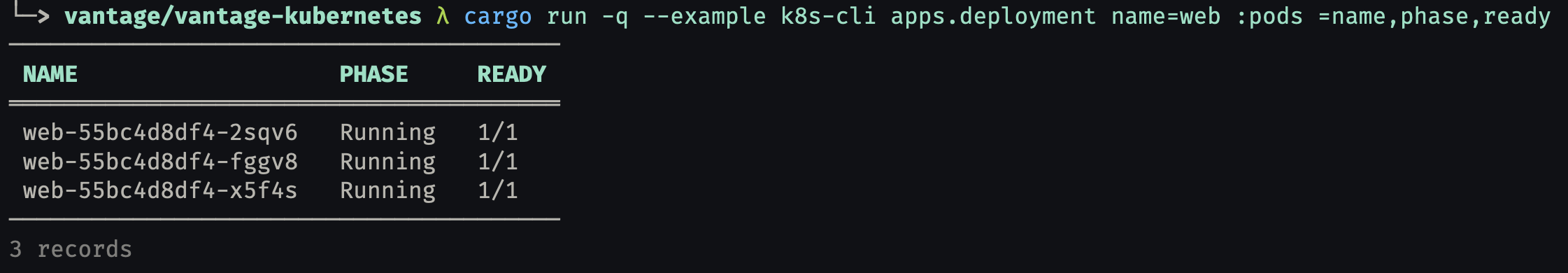 k8s-cli drilling apps.deployment name=web down to its three web pods