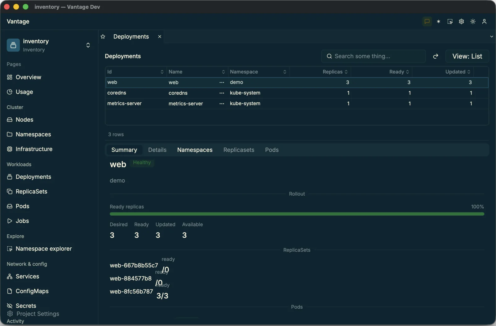 The Deployments grid with a rollout Summary view — health badge, ready-replicas progress bar and per-ReplicaSet status
