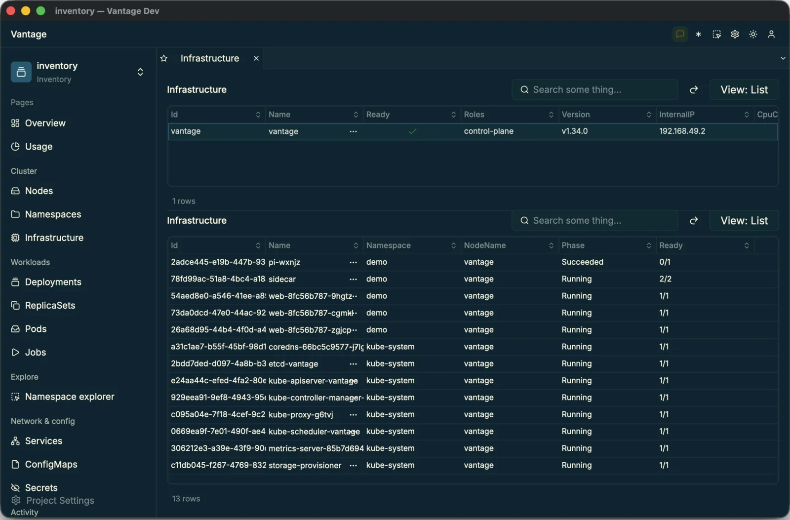 Periscope in Vantage — the grouped Kubernetes sidebar, a node table above a live pod listing